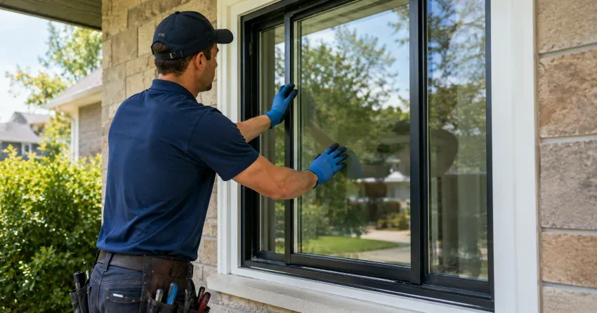 technician measuring a broken window pane for replacement in Testa Heights, Uxbridge