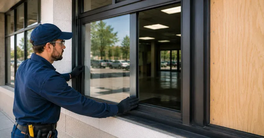 technician boarding a broken window after a break-in in Testa Heights, Uxbridge