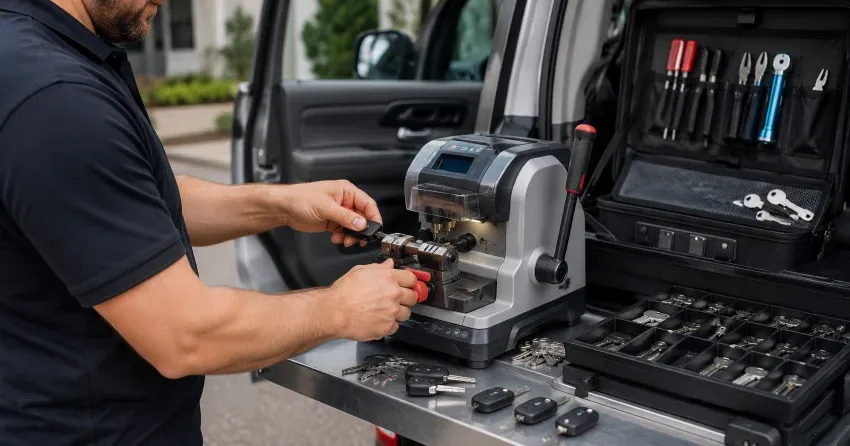 technician cutting a replacement car door lock key in Siloam, Uxbridge