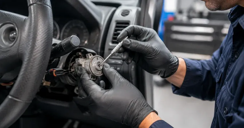 technician diagnosing an ignition lock repair issue in Glasgow, Uxbridge