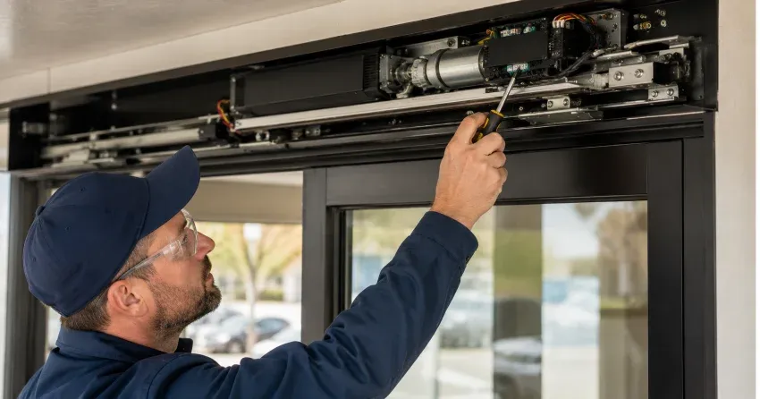 technician completing automatic door repair on residential property in Sandy Hook, Uxbridge