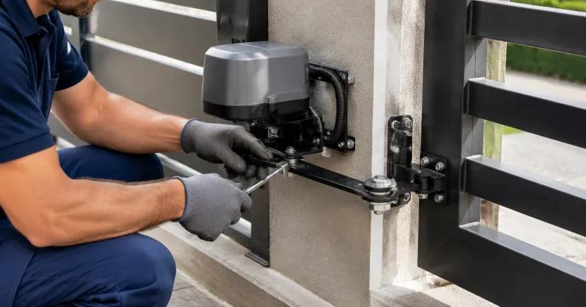 technician diagnosing automatic gate motor and control panel in Foxbridge, Uxbridge