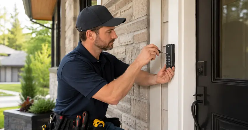 Technician installing an access control system keypad beside a residential front door in Sandy Hook, Uxbridge