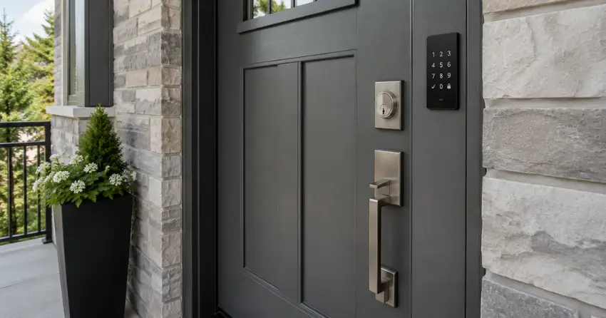 High-security door hardware and access control keypad installed on a residential entry door in Testa Heights, Uxbridge