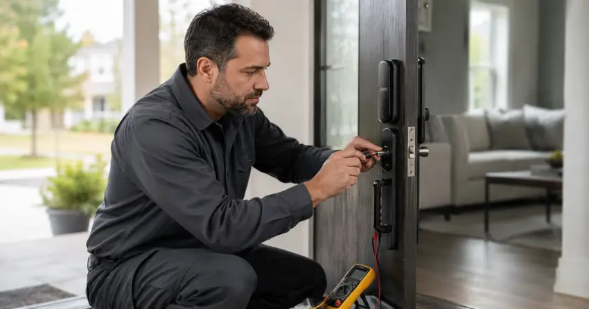 technician diagnosing automatic door lock mechanism on residential door in Foxbridge, Uxbridge