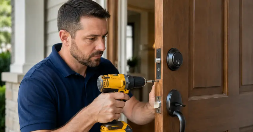 technician installing a new deadbolt during Change Door Lock Testa Heights, Uxbridge service