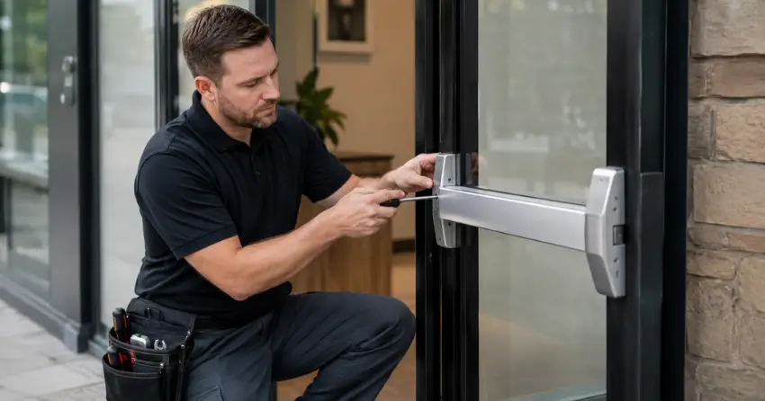 commercial locksmith repairing exit device on storefront door Udora, Uxbridge