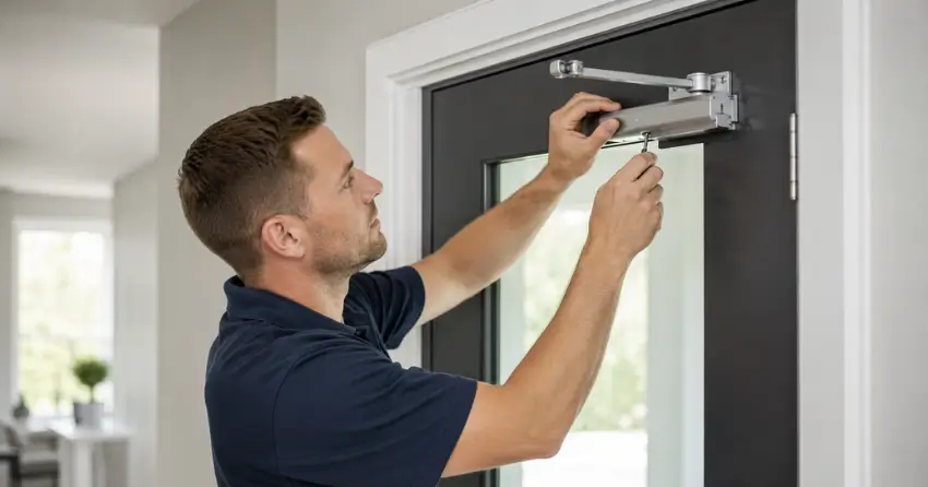 technician adjusting door closer hydraulic valve in Udora, Uxbridge home