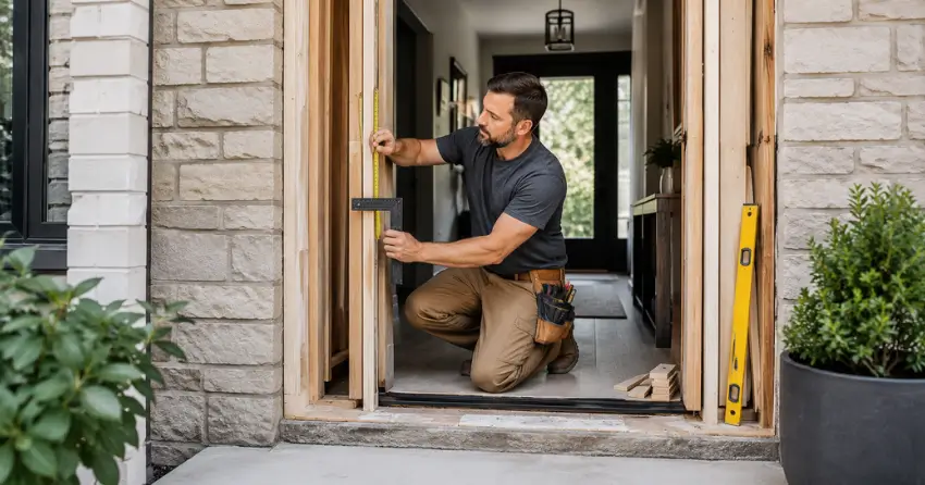 exterior door installer assessing rough opening in Uxbridge