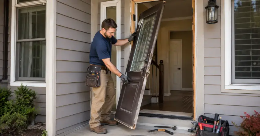 old exterior door being removed for replacement in Glasgow, Uxbridge