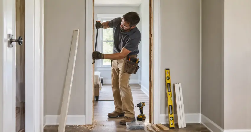 technician removing an old interior door frame during installation Siloam, Uxbridge