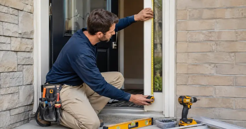 technician measuring door frame before storm door install in Zephyr, Uxbridge