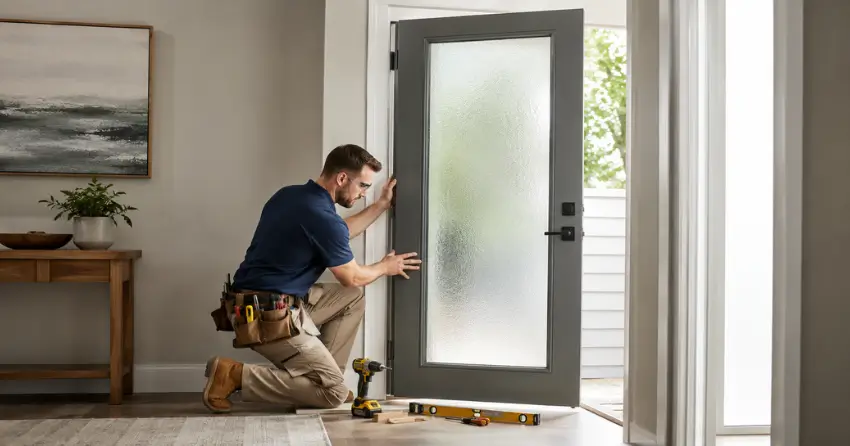 glass panel door installation with frosted privacy glass in residential setting in Testa Heights, Uxbridge