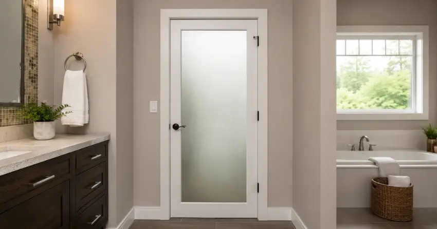 frosted glass panel bathroom door installed in a Zephyr, Uxbridge home