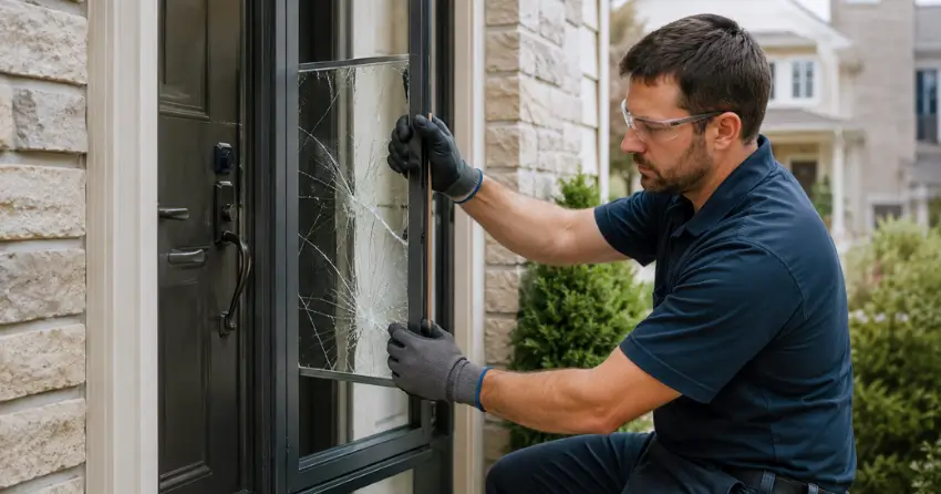 technician removing cracked storm door glass panel in Siloam, Uxbridge