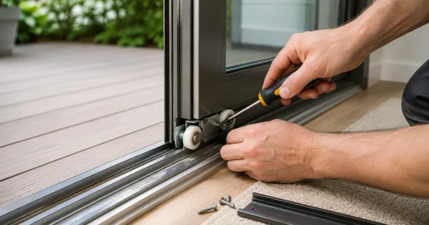 sliding door fix Sandy Hook, Uxbridge technician diagnosing track issue