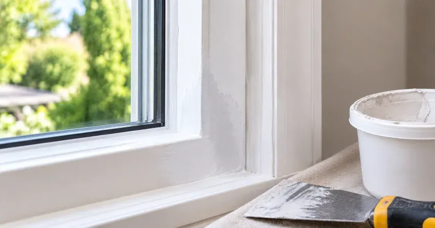 technician repairing rotted window frame corner in Glasgow, Uxbridge