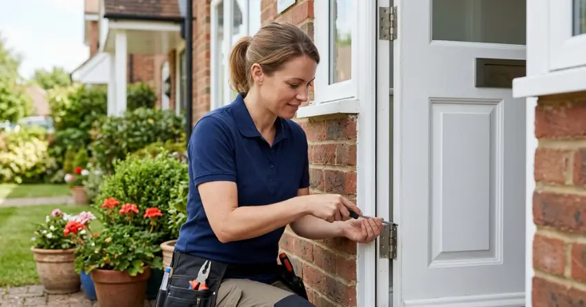 technician repairing exterior door hinge and frame in Foxbridge, Uxbridge
