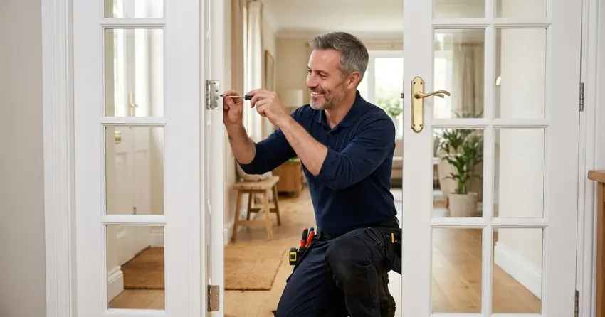 technician adjusting French door hinge for proper alignment in Testa Heights, Uxbridge