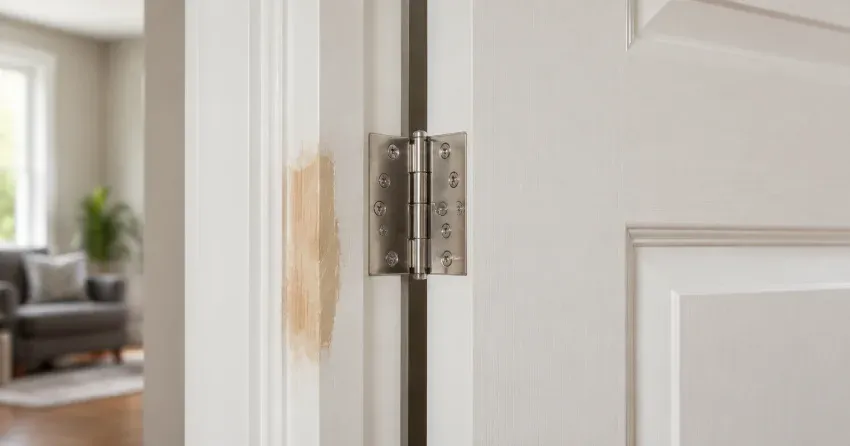 technician checking a warped door against a straightedge in Siloam, Uxbridge