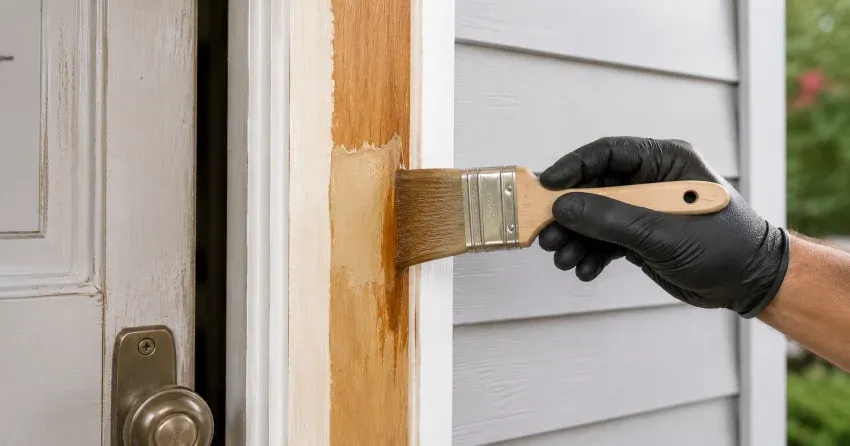 technician probing rotted wood on a door frame in Siloam, Uxbridge