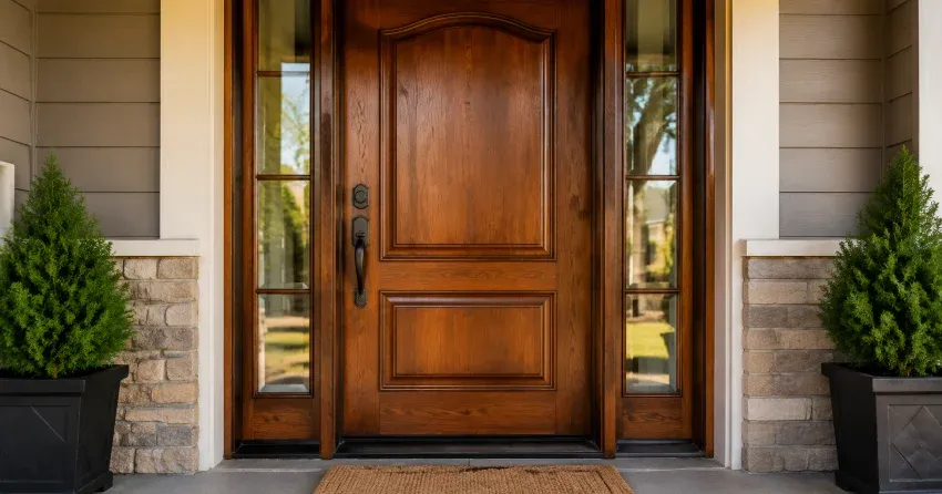 wood door mid-restoration showing stripped bare wood in Siloam, Uxbridge