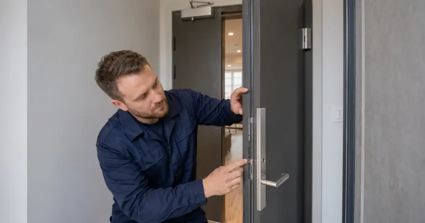 technician inspecting fire-rated door seal and hardware in Testa Heights, Uxbridge