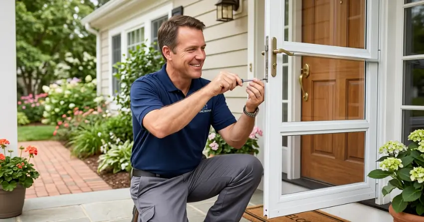 technician adjusting storm door hinge and closer in Testa Heights, Uxbridge