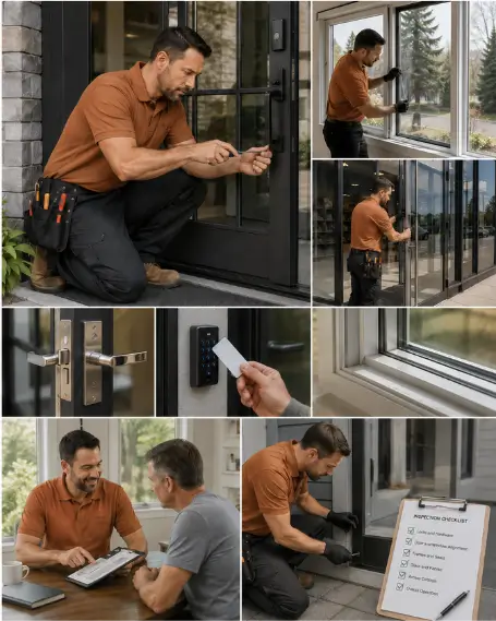 A crew carrying a new replacement window unit into a home